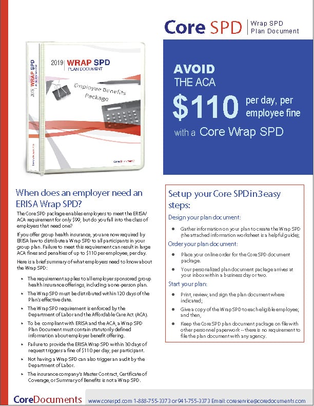 Core Wrap SPD Plan Document and Forms Brochure highlighting ERISA compliance.